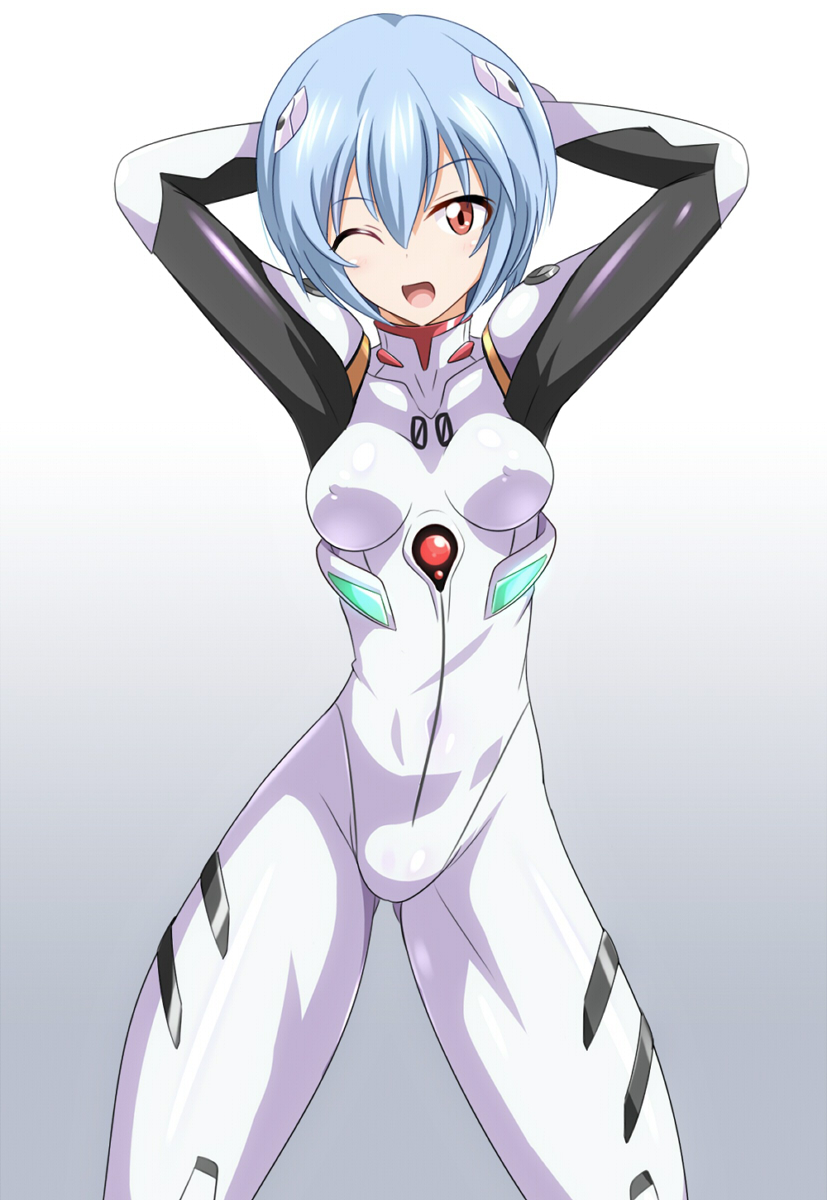 1girl arms_behind_head ayanami_rei blue_hair bodysuit breasts commentary_request cowboy_shot gradient gradient_background heigani_(rovesuke) highres interface_headset looking_at_viewer medium_breasts neon_genesis_evangelion one_eye_closed pilot_suit plugsuit red_eyes short_hair smile solo standing white_background white_bodysuit