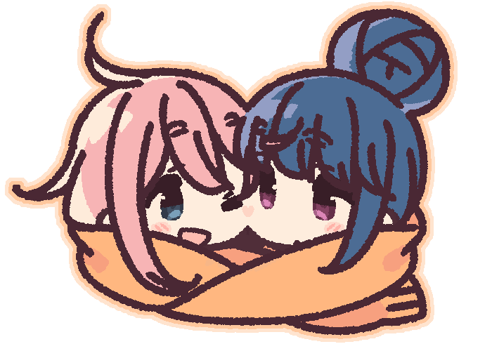 2girls ;d ahoge bangs blue_eyes blue_hair blush_stickers cheek-to-cheek chibi cropped_shoulders dark_blue_hair eye_contact eyebrows eyebrows_visible_through_hair fringe_trim from_side gradient_eyes hair_between_eyes heads_together heart jaggy_lines kagamihara_nadeshiko looking_at_another looking_to_the_side multicolored_eyes multiple_girls no_nose one_eye_closed open_mouth orange_outline orange_scarf outline pink_hair portrait scarf shared_scarf shima_rin side-by-side simple_background smile swept_bangs tareme violet_eyes white_background yoru_nai yurucamp