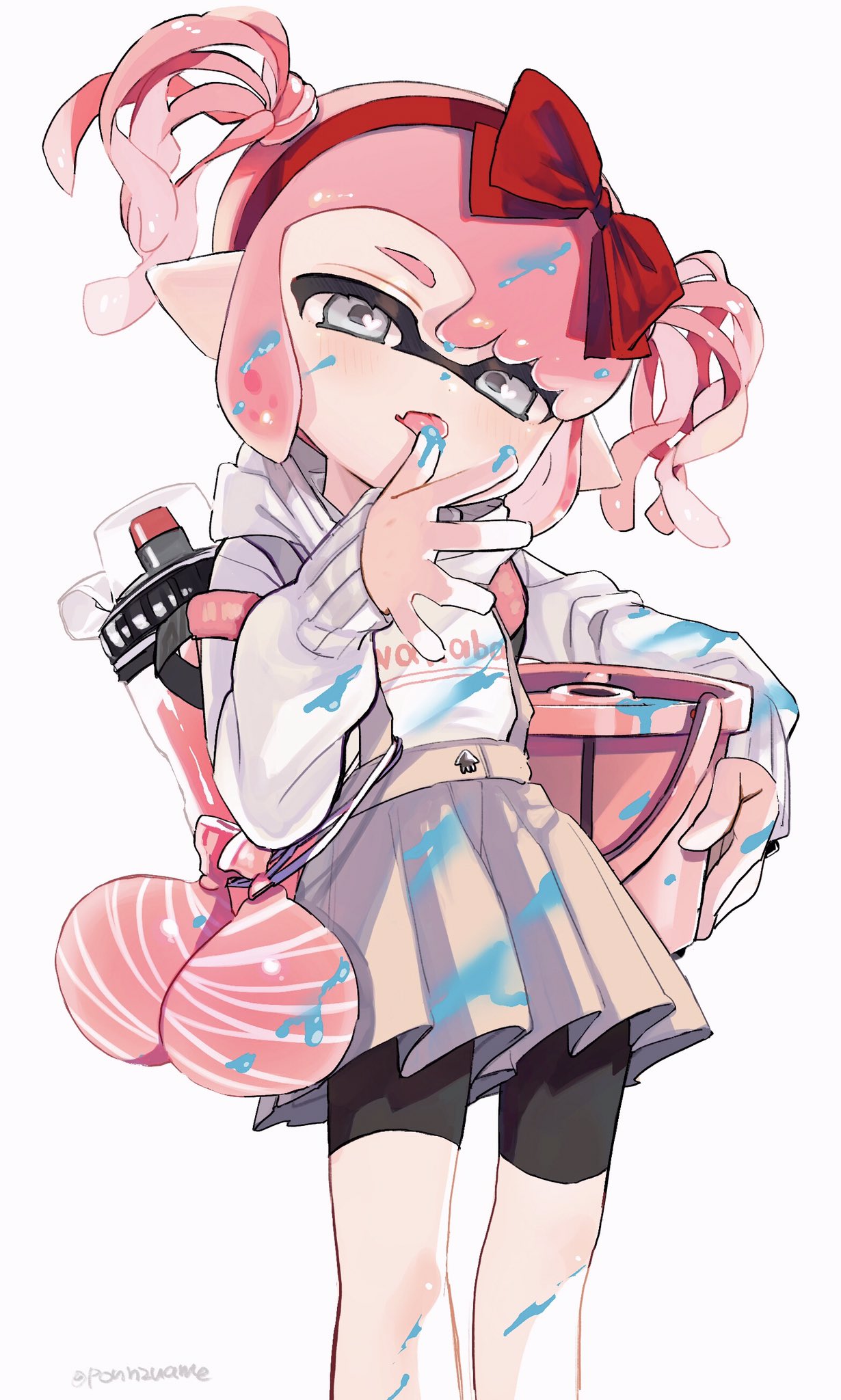 1girl amezawa_koma bangs black_shorts bow bow_hairband bucket dress green_eyes grey_dress hairband head_tilt highres holding holding_bucket hood hoodie ink ink_on_clothes ink_on_face ink_tank_(splatoon) inkling licking licking_finger long_sleeves looking_at_viewer looking_down pink_hair red_bow short_dress short_hair shorts simple_background solo splatoon_(series) splatoon_2 standing tentacle_hair tongue tongue_out twintails twitter_username water_balloon white_background white_hoodie
