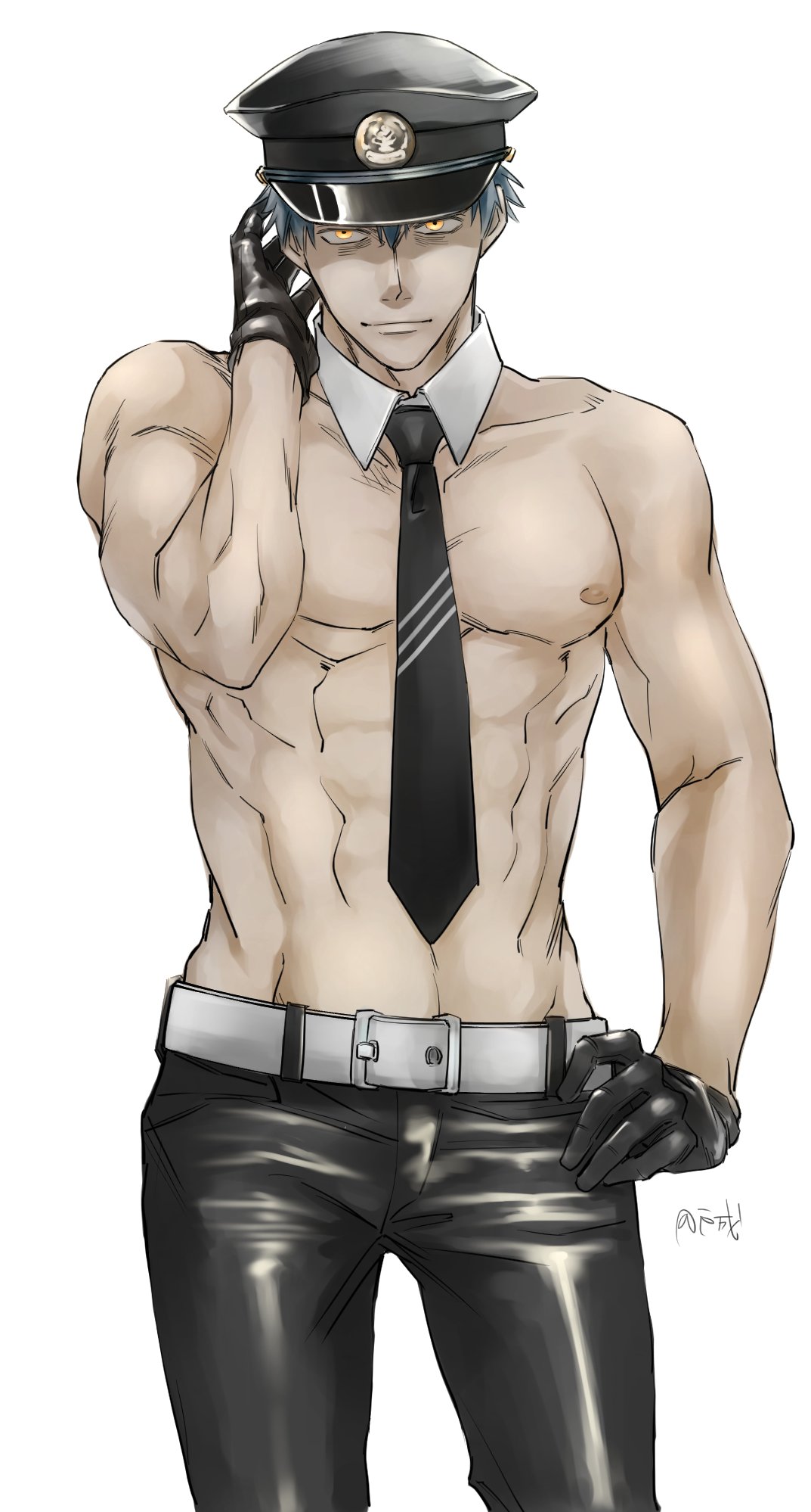 1boy abs bangs black_gloves black_pants commentary_request fate/grand_order fate_(series) gloves grey_hair hat highres hina_kaz large_pectorals male_focus mature_male necktie nipples pants pectorals saitou_hajime_(fate) short_hair smile
