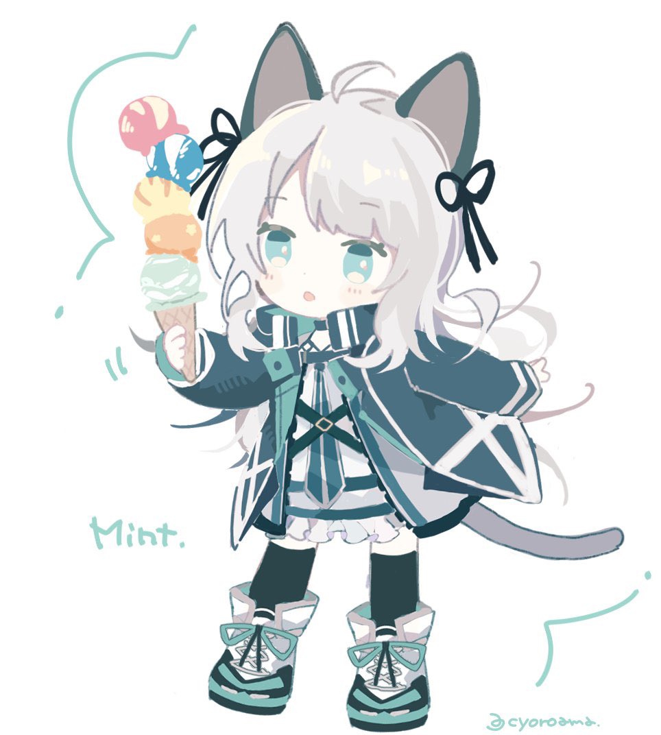 1girl :o ahoge animal_ears arknights bangs black_jacket black_legwear blue_eyes cat_ears cat_girl cat_tail character_name chibi commentary_request dress eyebrows_visible_through_hair food full_body grey_hair holding holding_food ice_cream ice_cream_cone jacket long_sleeves mint_(arknights) naguru_(cyoroama) open_clothes open_jacket parted_lips shoes sleeves_past_wrists solo standing tail thigh-highs twitter_username white_background white_dress white_footwear