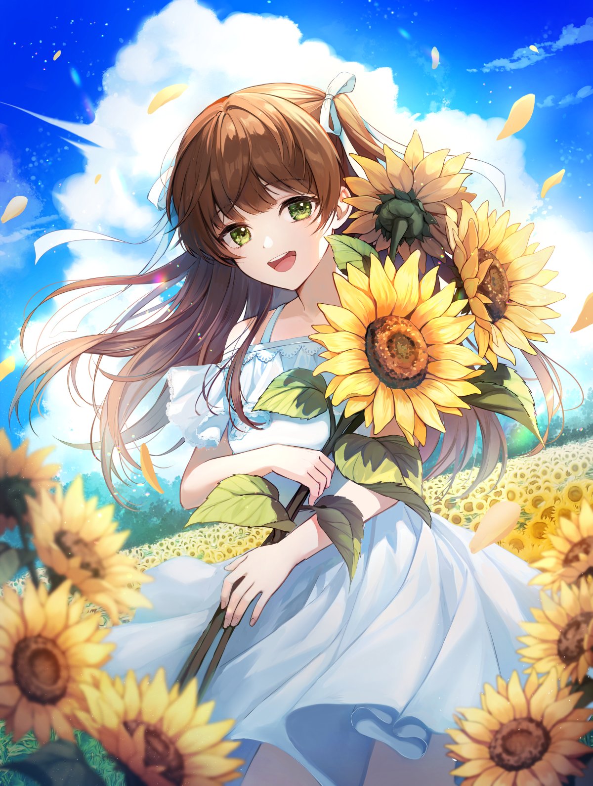 1girl bare_shoulders blonde_hair blue_sky bra bra_lift breasts clouds collarbone dress ear_focus falling_petals field flower flower_field forest frilled_dress frilled_skirt frilled_sleeves frills green_eyes hair_blowing highres holding holding_flower lace lace-trimmed_dress lace-trimmed_sleeves lace_trim long_hair looking_at_viewer medium_breasts nature open_mouth original petals plus1024 rainbow rainbow_gradient short_sleeves skirt sky small_breasts smile solo sundress sunflower sunlight teeth thighs tree twintails underwear white_dress wind wind_lift