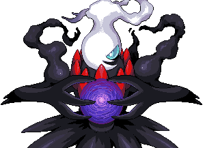 bangs blue_eyes commentary darkrai energy_ball english_commentary hair_over_one_eye hands_up hyshirey long_hair looking_at_viewer lowres no_humans one_eye_covered pixel_art pokemon pokemon_(creature) solo straight-on swept_bangs transparent_background white_hair