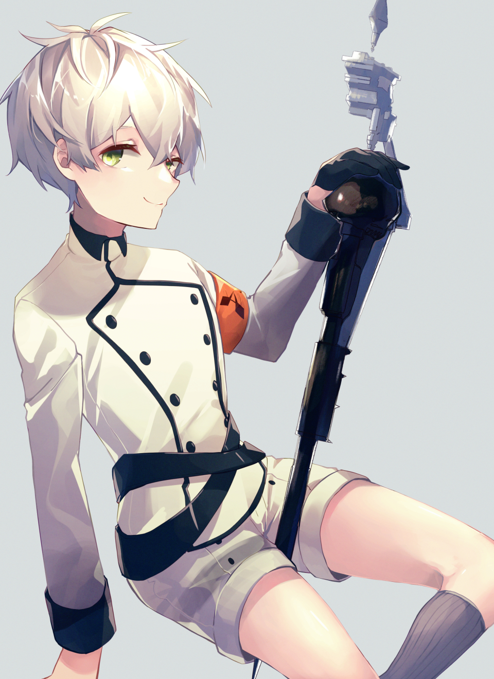 1boy arknights armband aruke0 bishounen coat cowboy_shot from_side gloves green_eyes highres looking_at_viewer male_focus mephisto_(arknights) short_hair shorts smile socks solo thighs weapon white_coat white_hair