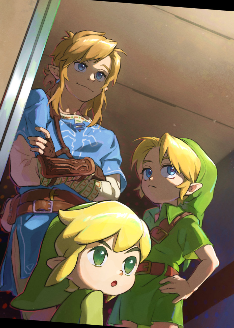 3boys blonde_hair blue_eyes blue_tunic child crossed_arms eunjuragi green_eyes hand_on_hip highres link looking_at_viewer male_focus multiple_boys orange_hair pointy_ears the_legend_of_zelda the_legend_of_zelda:_a_link_between_worlds the_legend_of_zelda:_breath_of_the_wild the_legend_of_zelda:_ocarina_of_time toon_link young_link