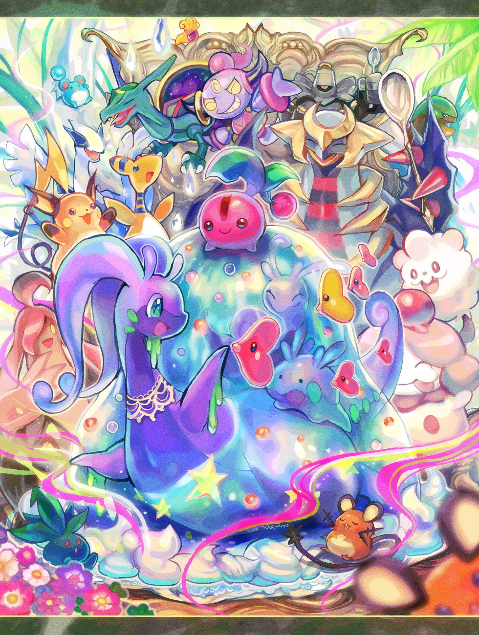 :d alternate_color ampharos cherubi claws closed_eyes commentary_request dedenne dusknoir flower giratina giratina_(altered) goodra goomy gourgeist green_eyes grin highres ho-oh holding holding_spoon hoopa hoopa_(confined) jewelry kantarou_(8kan) looking_back lugia luvdisc marill oddish open_mouth outstretched_arms pink_flower pokemon pokemon_(creature) raichu rayquaza shiny_pokemon sliggoo slurpuff smile spoon swirlix teeth tongue tropius