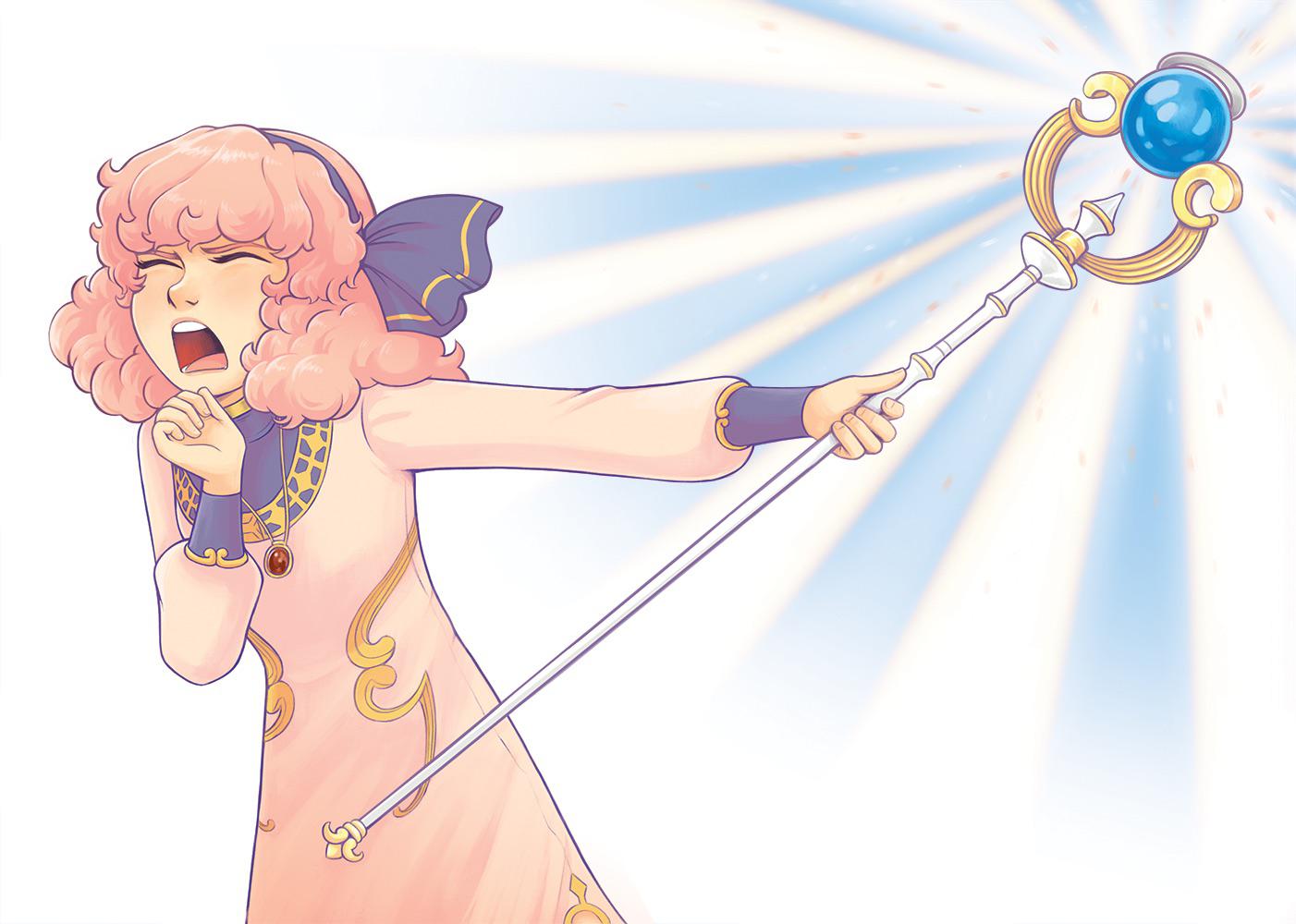 1girl bow closed_eyes courtneygodbey curly_hair dress fire_emblem fire_emblem_echoes:_shadows_of_valentia genny_(fire_emblem) hair_bow jewelry light_rays long_sleeves necklace pink_dress pink_hair shouting staff