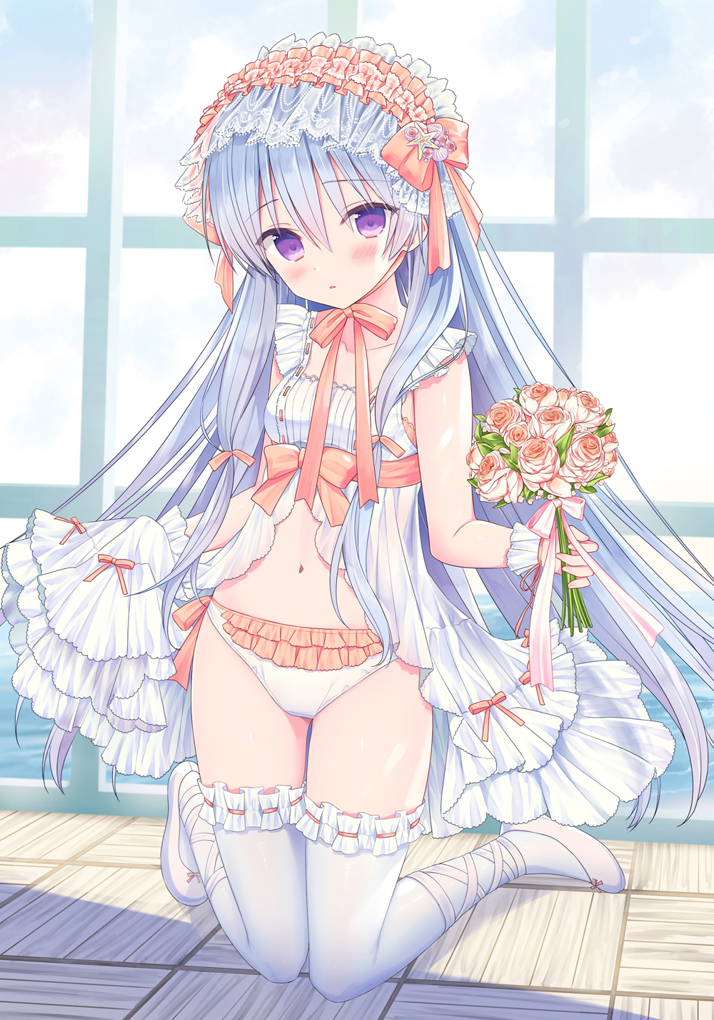 1girl babydoll bangs blue_hair blush bouquet commentary english_commentary eyebrows_visible_through_hair flower frilled_panties frills hair_between_eyes highres holding holding_bouquet lolita_fashion long_hair navel original panties parted_lips pink_flower pink_rose rose see-through shoes solo thigh-highs underwear very_long_hair violet_eyes white_footwear white_legwear white_panties window wrist_cuffs yuuki_rika