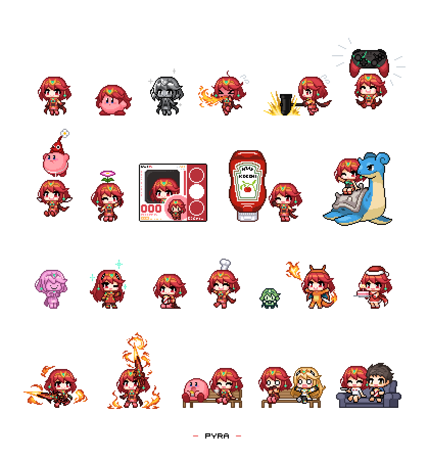 2boys 2girls 3reforged bangs blonde_hair chest_jewel crossover ditto dress kirby kirby_(series) lapras long_hair multiple_boys multiple_girls mythra_(xenoblade) pixel_art pokemon pyra_(xenoblade) red_eyes redhead rex_(xenoblade) short_dress short_hair swept_bangs very_long_hair white_dress xenoblade_chronicles_(series) xenoblade_chronicles_2 yellow_eyes
