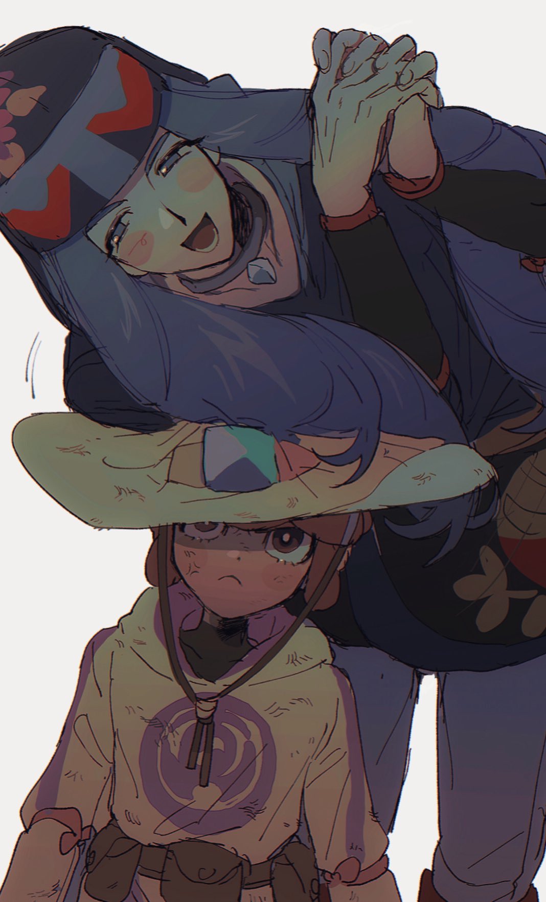 2boys :d anger_vein black_jacket blush_stickers brown_bag brown_hair closed_mouth commentary diamond_clan_outfit floral_print frown grey_eyes hands_up hat height_difference highres hood hood_up hooded_jacket interlocked_fingers jacket lian_(pokemon) long_hair long_sleeves lower_teeth male_focus melli_(pokemon) multiple_boys open_mouth own_hands_together pearl_clan_outfit pokemon pokemon_(game) pokemon_legends:_arceus short_hair smile teeth thxzmgn tongue