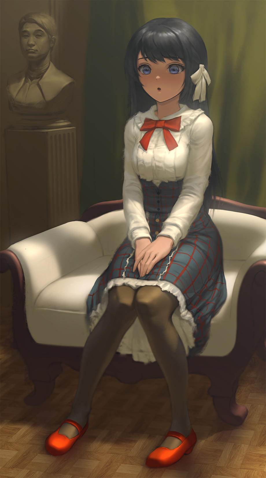 1girl :o black_hair black_legwear blue_skirt bow bowtie breasts bust_(sculpture) center_frills eyebrows_visible_through_hair frilled_shirt frilled_shirt_collar frilled_skirt frills full_body hair_ornament hair_ribbon hands_on_lap highres hololive infi knees_together_feet_apart long_hair long_skirt long_sleeves mary_janes medium_breasts oozora_subaru open_mouth own_hands_together pantyhose red_bow red_bowtie red_footwear ribbon shirt shoes sitting skirt solo_focus v_arms virtual_youtuber white_ribbon yagoo