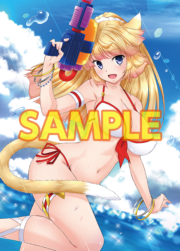 1girl :d animal_ears armband bangle bead_bracelet beads bikini blonde_hair blue_eyes blue_sky bracelet breasts cat_ears cat_tail character_request clouds cloudy_sky copyright_request covered_nipples day eyebrows_visible_through_hair holding holding_water_gun horizon izumi_mahiru jewelry large_breasts lens_flare long_hair looking_at_viewer navel ocean open_mouth outdoors sample_watermark side-tie_bikini sky smile solo sparkle sweat swimsuit tail thigh_strap toranoana water water_drop water_gun watermark wet