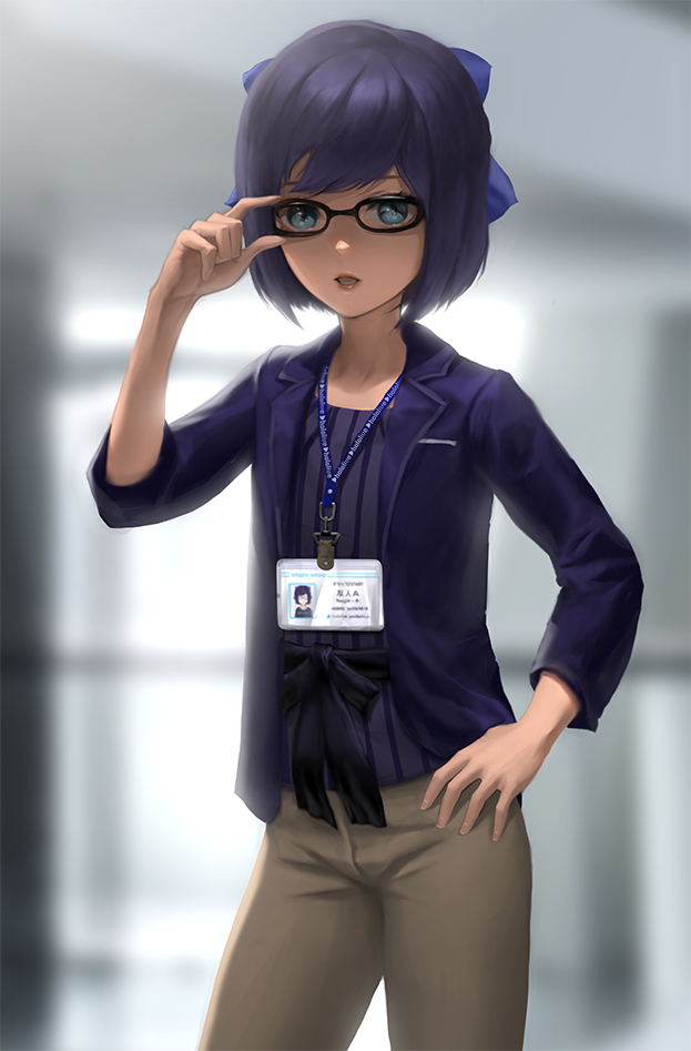 1girl a-chan_(hololive) blazer blue_eyes blurry blurry_background bow glasses hair_bow hand_on_eyewear hololive infi jacket khakis lanyard looking_at_viewer name_tag office_lady official_alternate_costume open_clothes open_jacket open_mouth pants pinstripe_pattern pinstripe_shirt purple_hair purple_jacket purple_shirt shirt short_hair solo striped striped_shirt virtual_youtuber