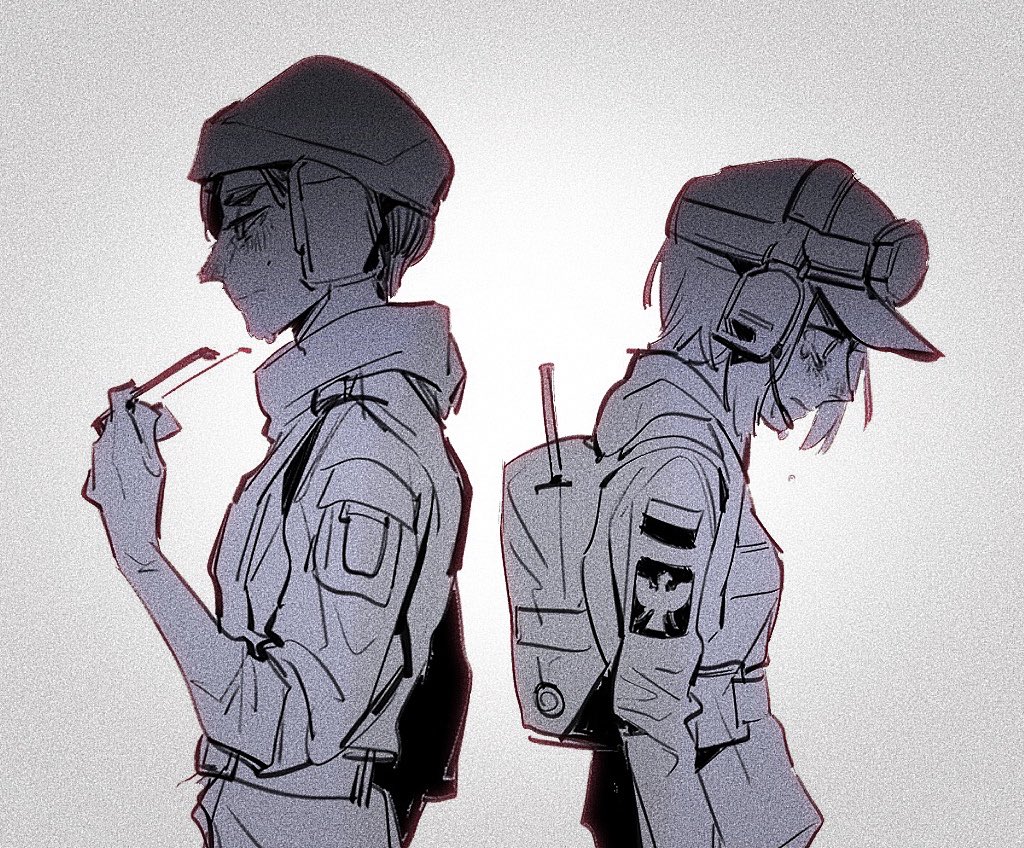 2girls back-to-back backpack bag baseball_cap blush boniteo1 breasts ela_(rainbow_six_siege) eyewear_removed from_side goggles goggles_on_headwear grey_background greyscale hat headset hood hoodie jacket looking_down monochrome multiple_girls rainbow_six_siege sketch small_breasts zofia_(rainbow_six_siege)