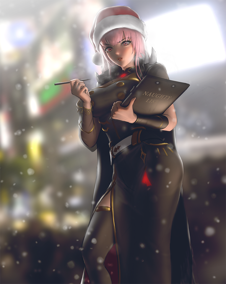 1girl bangs belt black_dress blurry blurry_background bracer breasts cape christmas clipboard dress eyebrows_behind_hair hat holding holding_clipboard holding_pen hololive hololive_english infi large_breasts looking_at_viewer looking_down mori_calliope parted_lips pen pink_eyes pink_hair santa_hat scowl see-through_sleeves single_sleeve snowing solo spikes thigh-highs v-shaped_eyebrows virtual_youtuber white_belt