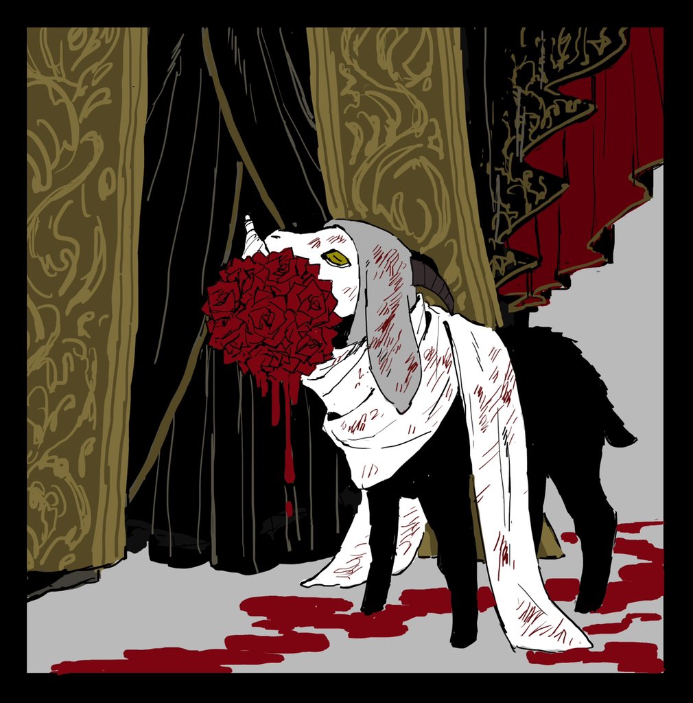 animalization black_border blood border bouquet elden_ring flower goat holding holding_bouquet mohg_lord_of_blood mouth_hold red_flower red_rose robe rose soldalepaz11 spoilers tabard white-faced_varre yellow_eyes
