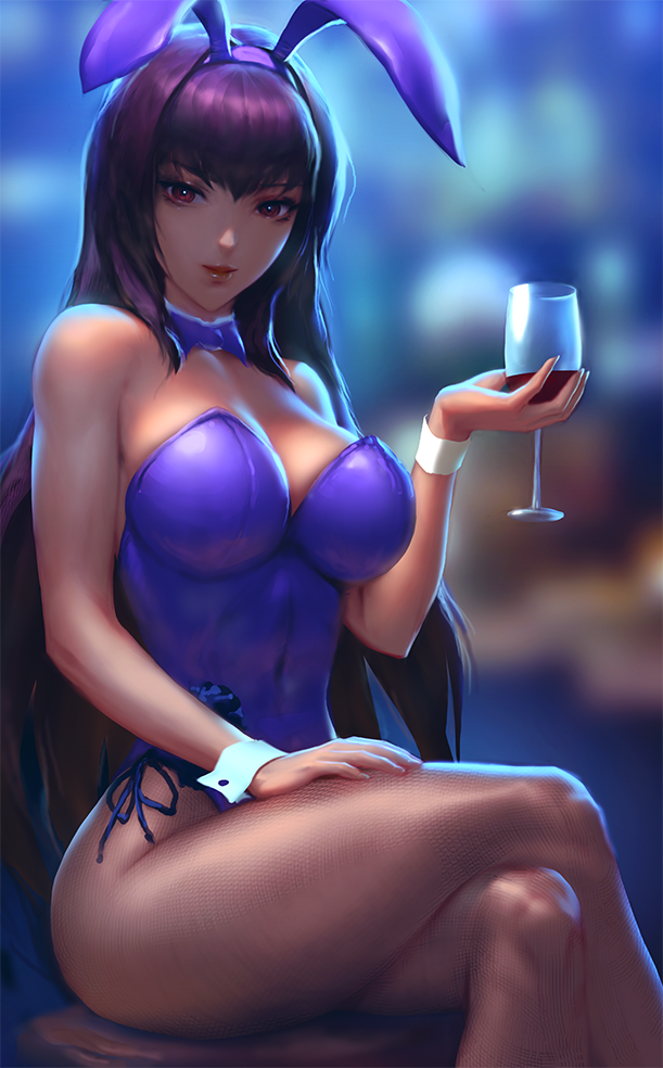 1girl alcohol animal_ears blurry bow bowtie breasts covered_navel crossed_legs cup cupping_glass depth_of_field detached_collar drinking_glass fake_animal_ears fate/grand_order fate_(series) fishnet_legwear fishnets infi large_breasts leotard lips pantyhose piercing_bunny playboy_bunny purple_hair rabbit_ears scathach_(fate) side-tie_leotard sitting solo violet_eyes wine wine_glass wrist_cuffs