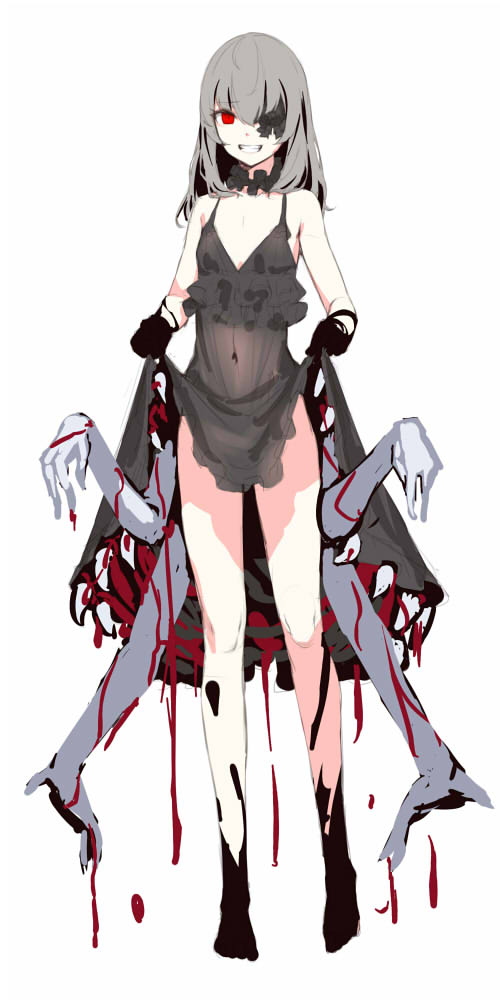 1girl bare_shoulders blood choker clothes_lift colored_skin covered_navel dress dripping extra_arms eyebrows_visible_through_hair eyepatch frilled_choker frilled_dress frills grey_choker grey_dress grey_hair grey_skin kageshio_(276006) living_clothes long_hair monster original red_eyes see-through see-through_dress sharp_teeth slime_(substance) solo teeth