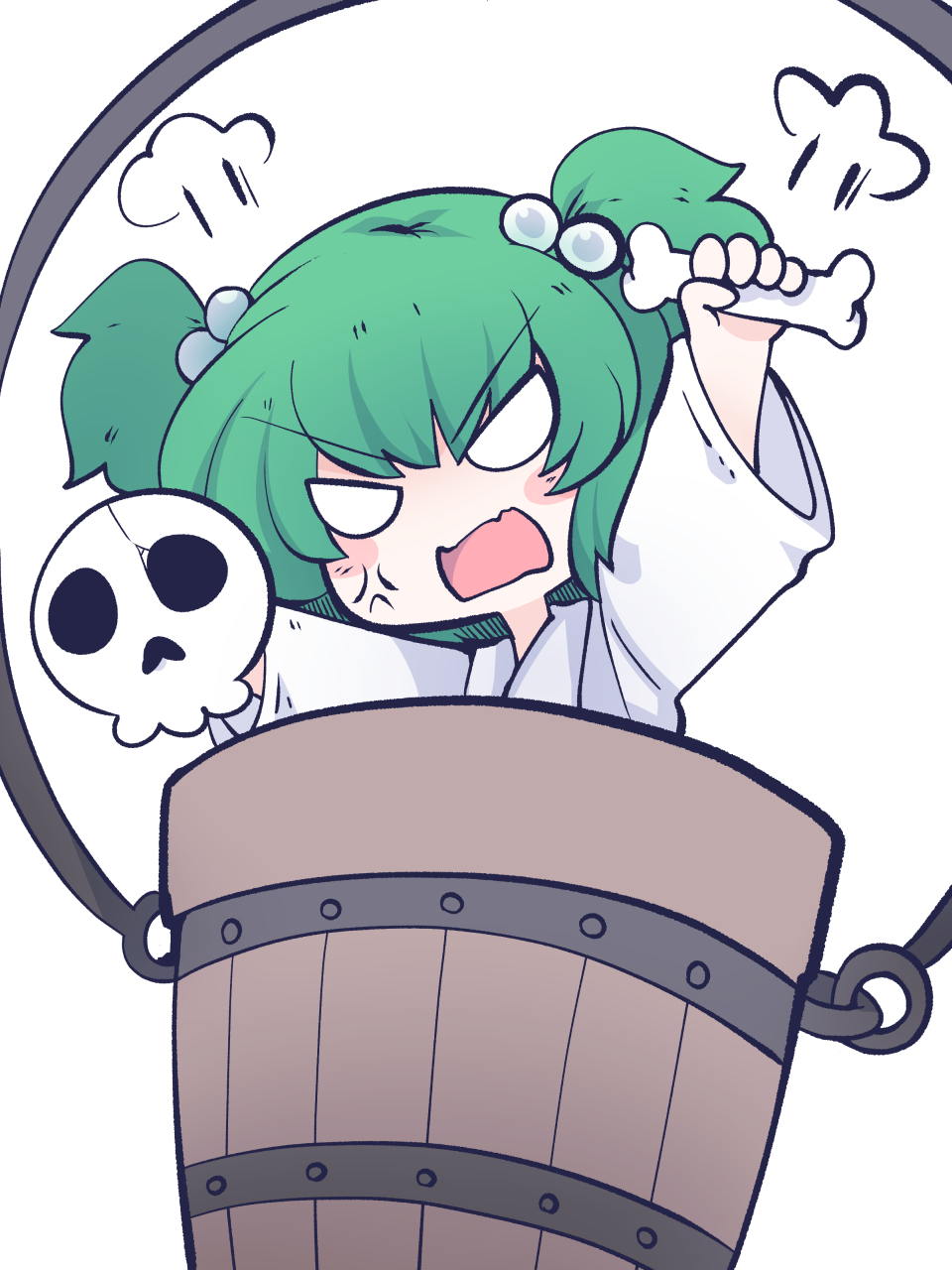 1girl anger_vein bone bucket eyebrows_visible_through_hair fried_rice0614 green_hair hair_bobbles hair_ornament highres holding holding_bone holding_skull in_bucket in_container japanese_clothes kimono kisume long_sleeves one-hour_drawing_challenge open_mouth short_hair simple_background skull solo touhou twintails white_background white_kimono wide_sleeves