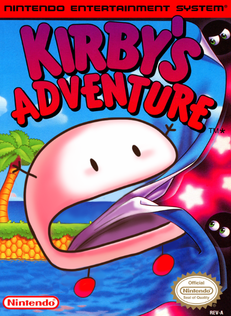 1boy arms_up awd! blue_sky blush colored_skin company_name copyright_name cover english_commentary english_text game_cover kirby kirby's_adventure kirby_(series) midair open_mouth parody pink_skin sky solid_oval_eyes star_(symbol) style_parody sucking suga_hiroaki_(style) tree water
