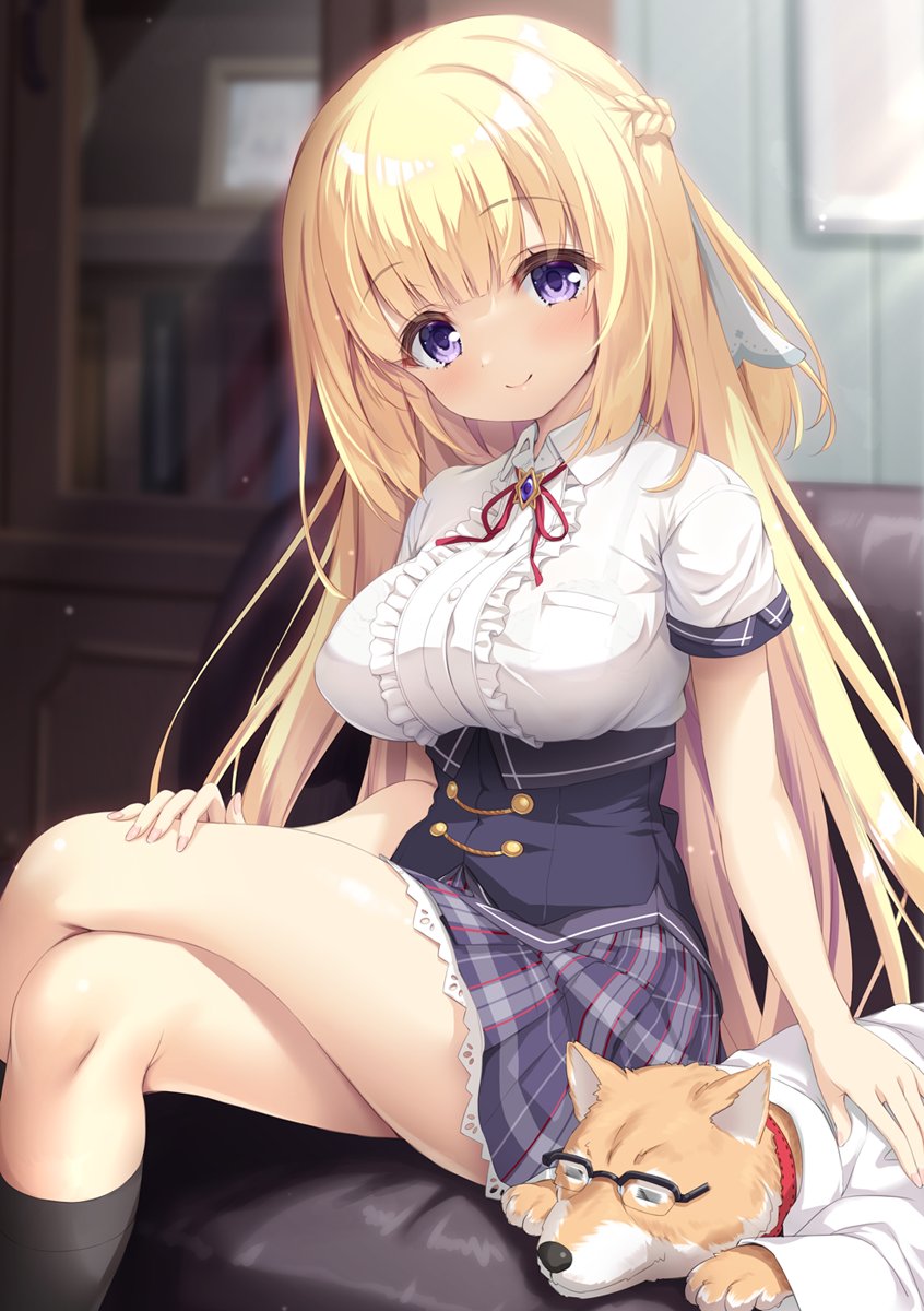 1girl blonde_hair braid breasts closed_mouth dress frilled_dress frilled_shirt frills highres lace lace-trimmed_skirt lace_trim large_breasts long_hair mikagami_mamizu original shiny shiny_hair shiny_skin shirt sitting skirt smile very_long_hair violet_eyes