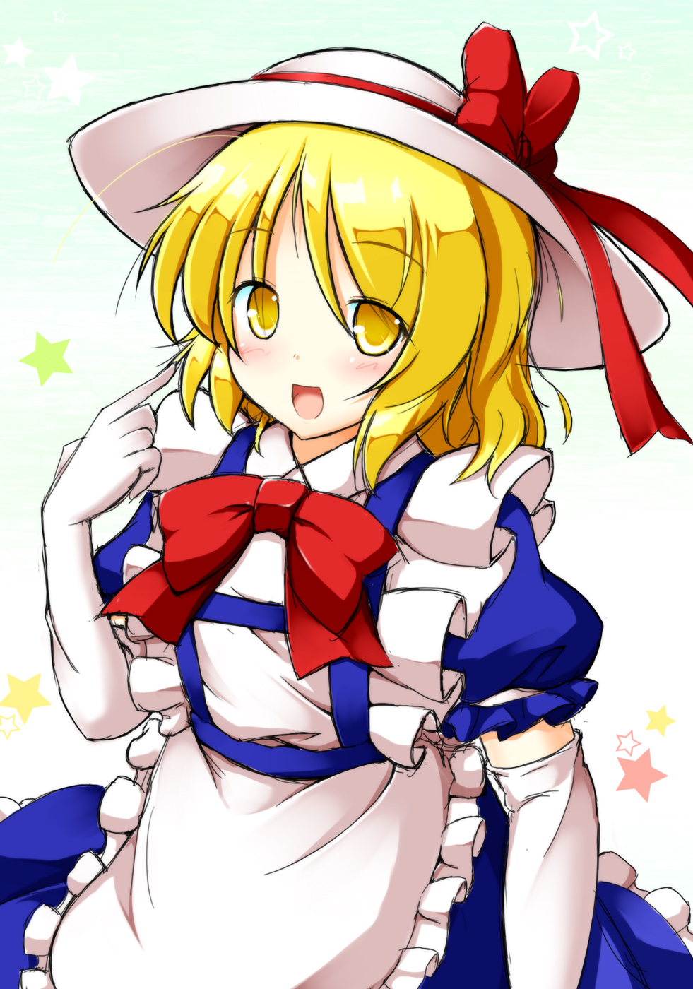 1girl aka_tawashi apron blonde_hair blue_dress bow bowtie commentary_request dress elbow_gloves frilled_apron frilled_sleeves frills gloves happy hat hat_bow highres kana_anaberal looking_at_viewer medium_hair open_mouth puffy_short_sleeves puffy_sleeves red_bow red_bowtie short_sleeves star_(symbol) sun_hat touhou touhou_(pc-98) waist_apron white_apron white_gloves white_headwear yellow_eyes