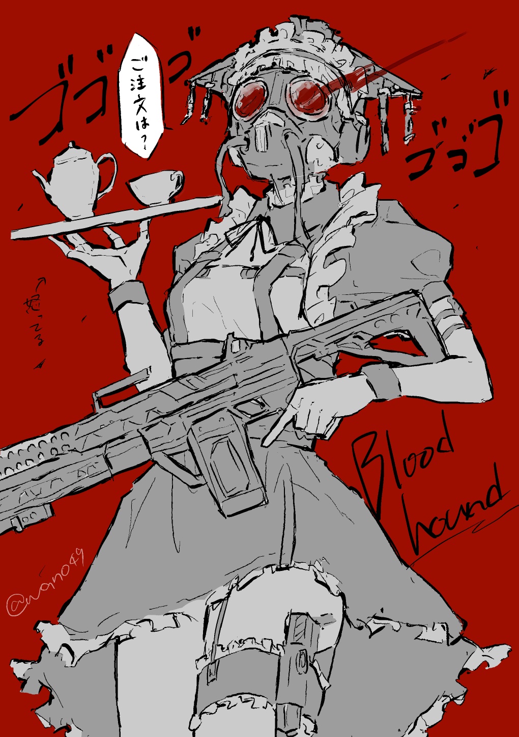 1non-binary alternate_costume apex_legends bloodhound_(apex_legends) breasts cable cup energy_gun enmaided goggles gun helmet highres holding holding_gun holding_tray holding_weapon light_machine_gun maid medium_breasts monochrome queer rebreather red_background red_eyes sketch solo speech_bubble teacup teapot thigh_strap trans tray wano_(azayakam) weapon x-55_devotion