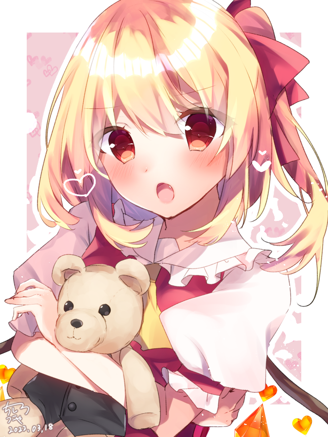 1girl :o ascot bangs blush border eyebrows_visible_through_hair fang flandre_scarlet frilled_shirt_collar frills hair_between_eyes hair_ribbon heart holding holding_stuffed_toy long_hair looking_at_viewer no_hat no_headwear one_side_up open_mouth outside_border puffy_short_sleeves puffy_sleeves purple_background red_eyes red_ribbon red_vest ribbon short_sleeves simple_background solo stuffed_animal stuffed_toy teddy_bear touhou unya_(coco121955) upper_body vest white_border yellow_ascot