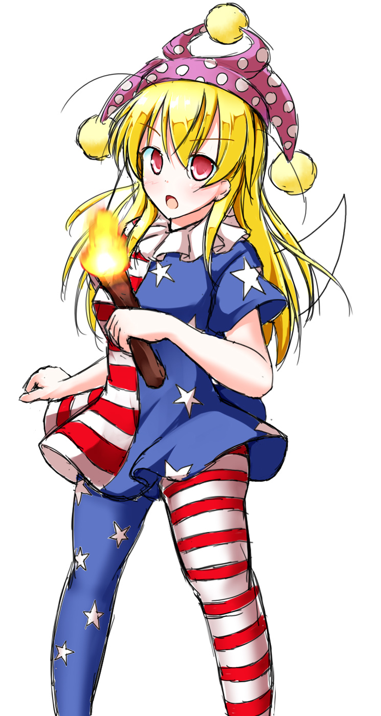 1girl aka_tawashi american_flag american_flag_dress american_flag_legwear american_flag_shirt blonde_hair clownpiece dress fairy fairy_wings frilled_shirt_collar frills hat highres holding holding_torch jester_cap leggings long_hair neck_ruff pants pink_eyes polka_dot polka_dot_headwear star_(symbol) star_print torch touhou very_long_hair wings