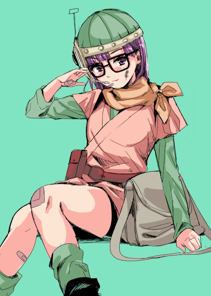 1girl bag belt bike_shorts breasts brown_eyes chrono_trigger closed_mouth glasses helmet looking_at_viewer lucca_ashtear purple_hair salute scarf short_hair simple_background smile solo toro_tarou