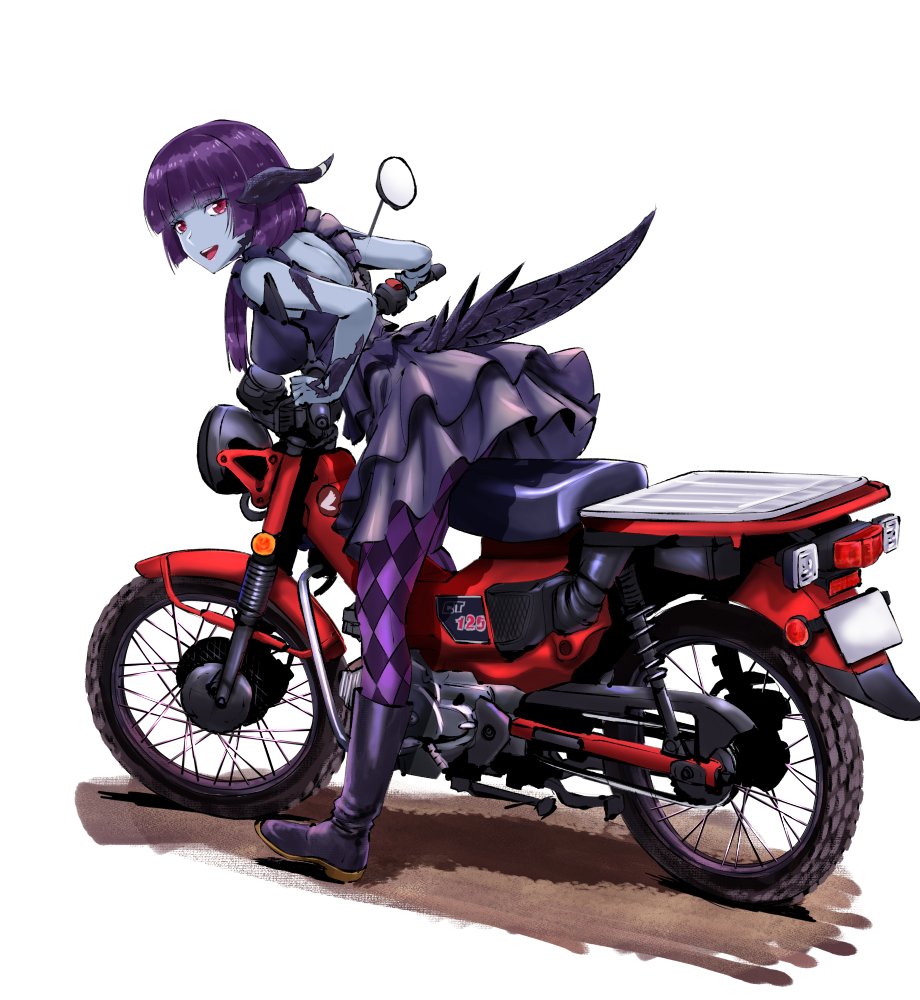1girl :d argyle argyle_legwear au_ra blue_eyes boots colored_skin commission dress final_fantasy final_fantasy_xiv from_side grey_skin ground_vehicle hair_over_shoulder horns ishii_hisao long_hair looking_at_viewer looking_to_the_side monster_girl motor_vehicle motorcycle open_mouth pantyhose purple_dress purple_footwear purple_hair purple_legwear red_eyes riding scales short_dress simple_background skeb_commission smile solo tail white_background
