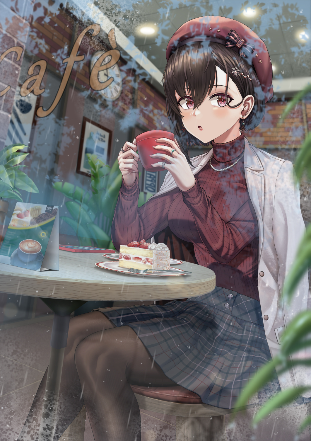 1girl beret black_hair black_legwear blush cafe cake coat coffee_cup cup desk disposable_cup earrings food hat highres jewelry leaf on_desk open_mouth original pantyhose pleated_skirt red_eyes red_headwear red_sweater short_hair silvertsuki sitting sitting_on_desk skirt solo sweater through_window white_coat