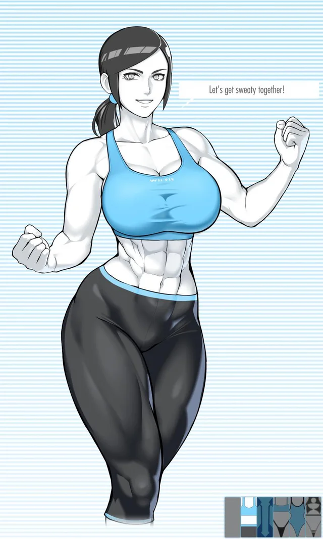 black_hair breasts clenched_hands colored_skin english_text large_breasts pants ponytail smile sports_bra toned white_eyes white_skin wii_fit wii_fit_trainer wii_fit_trainer_(female) yoga_pants