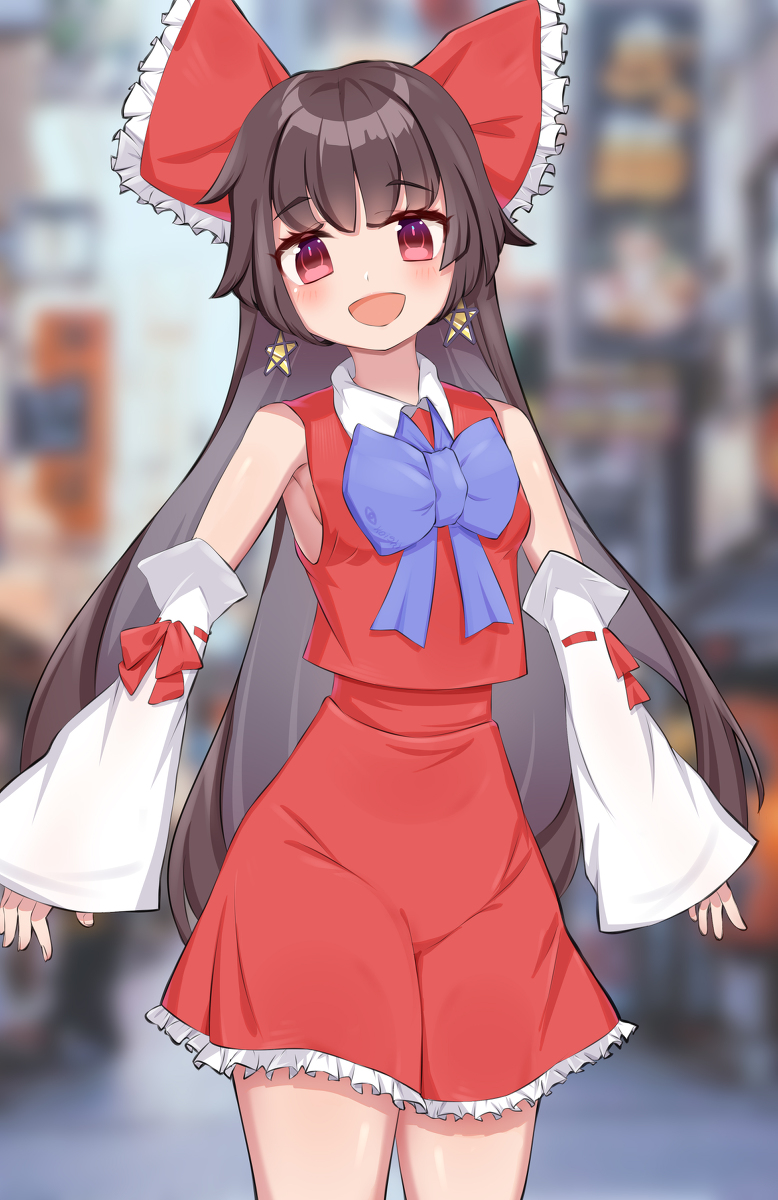 1girl :d alternate_neckwear amite-faust bangs bare_shoulders blue_bow blue_bowtie blunt_bangs blurry blurry_background blush bow bowtie breasts brown_hair cowboy_shot detached_sleeves earrings eyebrows_visible_through_hair frilled_bow frills hair_bow hakurei_reimu highres jewelry long_hair long_sleeves looking_at_viewer open_mouth outdoors petticoat pink_eyes red_bow red_skirt red_vest sideboob skirt skirt_set sleeves_past_wrists small_breasts smile solo star_(symbol) star_earrings touhou very_long_hair vest wing_collar