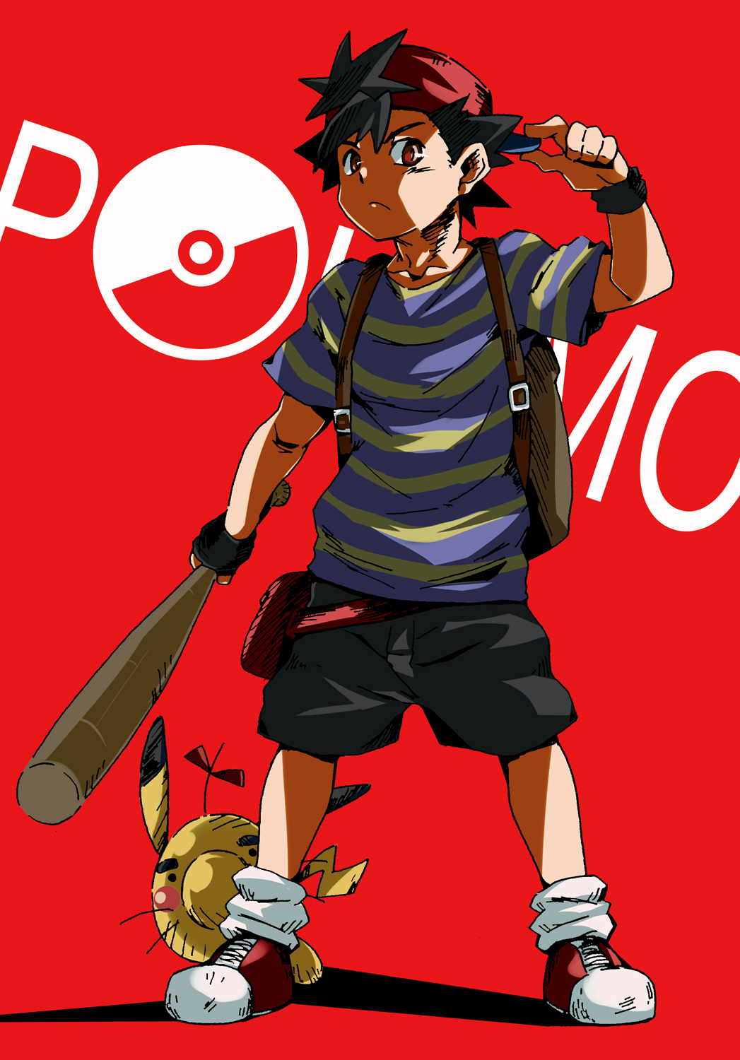 1boy ash_ketchum backpack backwards_hat bag baseball_bat cosplay creature doseisan frown hat highres holding holding_baseball_bat khunpol looking_at_viewer male_focus mother_(game) mother_2 ness_(mother_2) ness_(mother_2)_(cosplay) pikachu pikachu_(cosplay) pikachu_ears pikachu_tail poke_ball pokemon pokemon_(anime) pokemon_ears pokemon_tail red_background red_eyes red_footwear red_headwear shadow shirt shorts standing striped striped_shirt tail