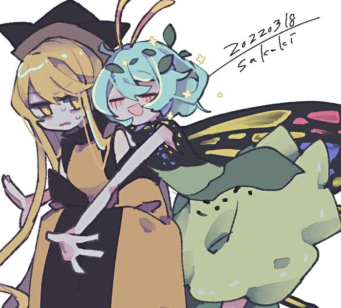 2girls antennae aqua_hair black_headwear blonde_hair blush butterfly_wings closed_eyes cosmicmind dated dress eternity_larva eyebrows_visible_through_hair fairy fewer_digits green_dress hair_between_eyes hat leaf leaf_on_head long_hair matara_okina multicolored_clothes multicolored_dress multiple_girls one-hour_drawing_challenge open_mouth orange_sleeves short_hair short_sleeves signature simple_background smile tabard touhou white_background wings yellow_eyes