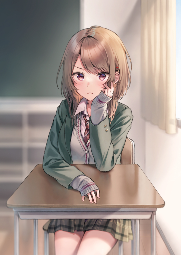 &gt;:( 1girl bangs blazer blurry blurry_background brown_hair cardigan chair closed_mouth collared_shirt commentary_request curtains depth_of_field desk diagonal-striped_neckwear diagonal_stripes eyebrows_visible_through_hair frown green_jacket grey_cardigan grey_skirt indoors jacket long_sleeves looking_at_viewer midorikawa_you necktie on_chair open_clothes open_jacket original plaid plaid_skirt pleated_skirt red_eyes red_necktie school_chair school_desk school_uniform shirt sitting skirt sleeves_past_wrists solo striped v-shaped_eyebrows white_shirt window