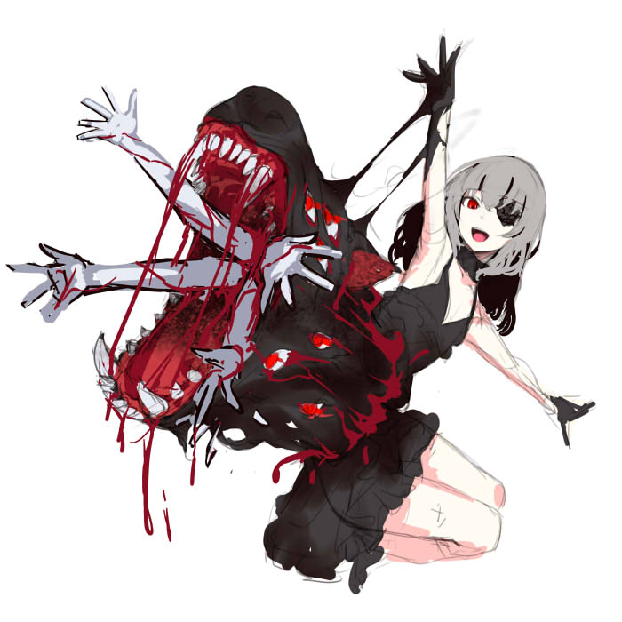 1girl arm_up black_dress black_eyepatch black_flower black_gloves blood colored_skin dress extra_eyes extra_hands eyebrows_visible_through_hair eyepatch flower frilled_dress frills gloves grey_background grey_hair grey_skin kageshio_(276006) long_hair monster open_mouth original red_eyes sharp_teeth simple_background sketch slime_(substance) solo teeth tongue upper_teeth