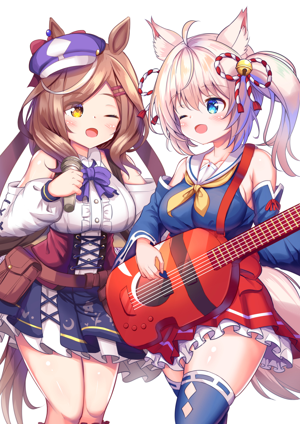 2girls animal_ears breasts brown_hair commentary_request guitar hat highres horse_ears howan_(show_by_rock!!) instrument large_breasts looking_at_another matikane_tannhauser_(umamusume) microphone multiple_girls one_eye_closed open_mouth show_by_rock!! silver_hair simple_background thigh-highs thighs umamusume voice_actor_connection yuutopia