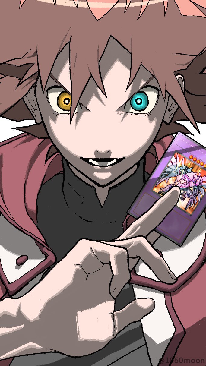 1boy aqua_eyes aqua_pupils bright_pupils brown_hair card fingernails grey_background heterochromia highres holding holding_card lower_teeth male_focus open_mouth shimizugawa simple_background smile solo teeth turtleneck upper_body white_pupils yellow_eyes yu-gi-oh! yu-gi-oh!_gx yuuki_juudai