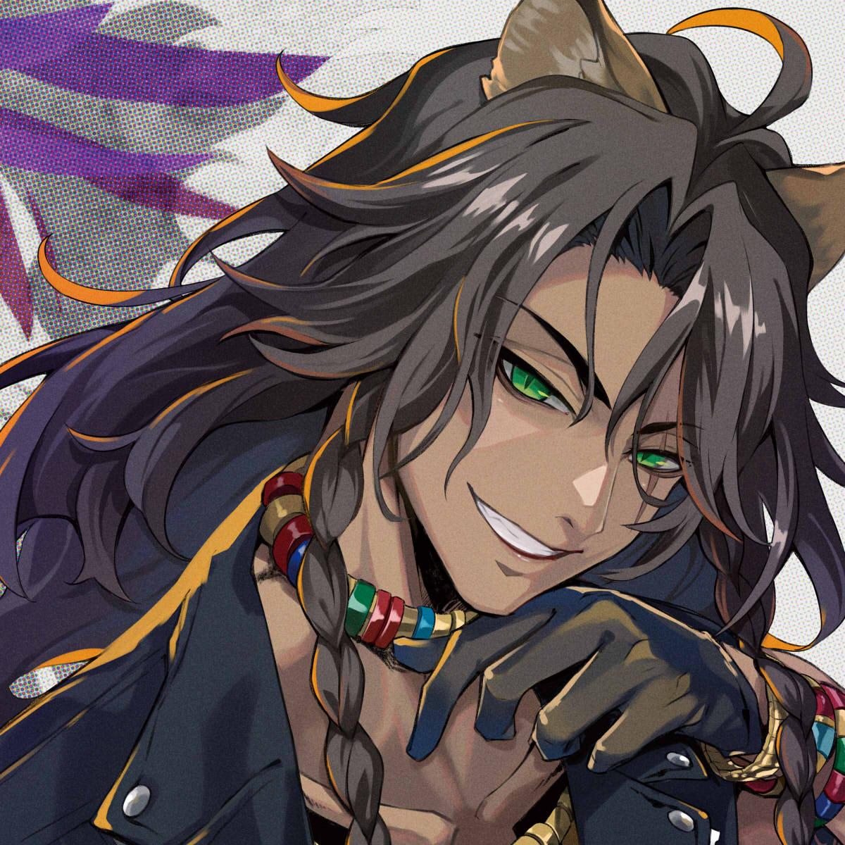 1boy black_gloves braid brown_hair gloves green_eyes grin highres jewelry leona_kingscholar long_hair looking_at_viewer male_focus necklace pokimari slit_pupils smile solo twisted_wonderland