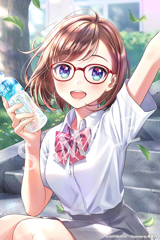 1girl :d arm_up asymmetrical_bangs bangs blue_eyes blush bottle bow bowtie breasts brown_hair collared_shirt dappled_sunlight dress_shirt eyebrows_visible_through_hair glasses grass grey_skirt holding holding_bottle leaf looking_at_viewer morikura_en official_art open_mouth outdoors pleated_skirt red-framed_eyewear red_bow red_bowtie sample_watermark shirt short_hair short_sleeves sitting sitting_on_stairs skirt smile sousai_shoujo_teien sports_drink stairs striped striped_bow striped_bowtie summer_uniform sunlight takanashi_koyomi teeth tree upper_teeth white_shirt