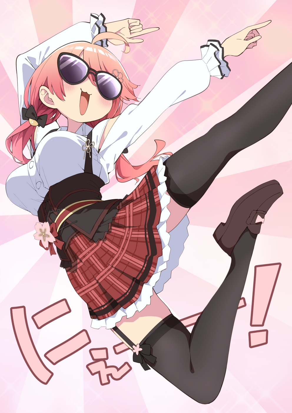 1girl :3 :d ahoge black_bow black_legwear blush bow brown_footwear hair_bow hayashi_(l8poushou) highres hololive jumping low_twintails miniskirt open_mouth pink_hair pointing red_skirt sakura_miko shirt shoes skirt smile solo sunglasses thigh-highs twintails virtual_youtuber white_shirt