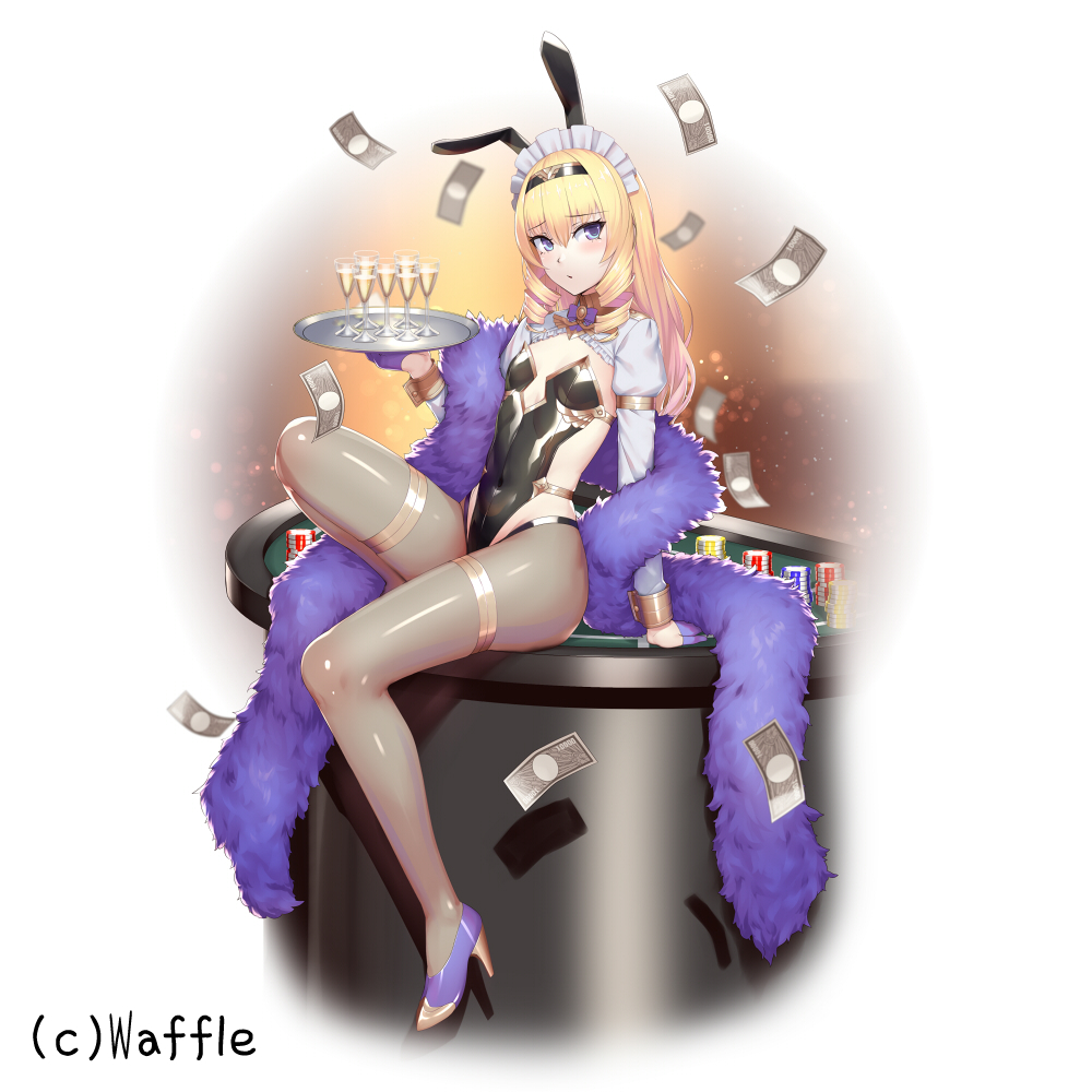 1girl alcohol animal_ears black_hairband blonde_hair blue_eyes blush covered_navel cup drill_hair drinking_glass eden's_ritter_grenze eden_grenze eyebrows_visible_through_hair frills gloves hair_between_eyes hairband half_gloves high_heels holding holding_tray kageshio_(276006) long_hair maid_headdress money multicolored_eyes parted_lips poker_chip poker_table purple_footwear purple_gloves rabbit_ears shiny shiny_clothes sitting solo thigh_strap tray violet_eyes wine_glass