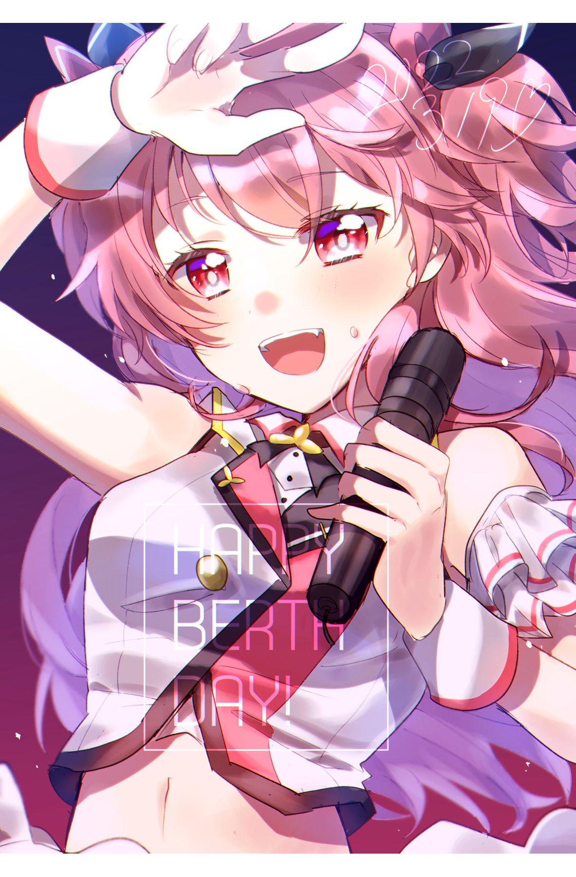 1girl bangs blush bow commentary crop_top hair_bow happy_birthday harusawa highres idol long_hair microphone momoi_airi navel open_mouth pink_eyes pink_hair project_sekai smile solo sweat two_side_up wrist_cuffs