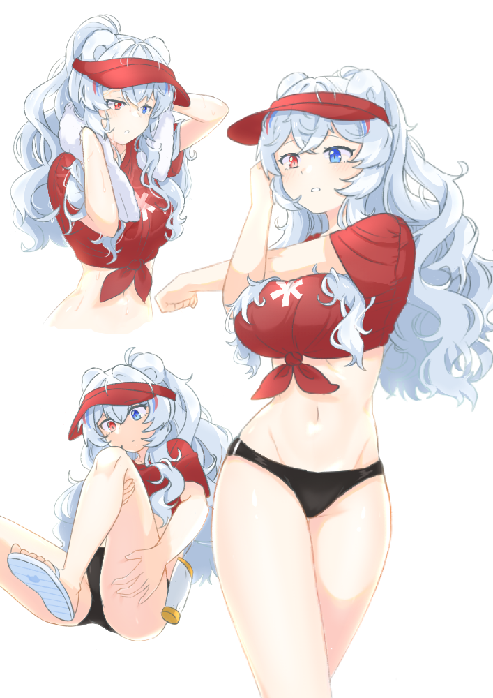 10_(xknn5488) 1girl animal_ears arknights bear_ears bikini bikini_bottom_only blue_eyes breasts commentary_request cosplay cowboy_shot crop_top groin jaye_(arknights) jaye_(arknights)_(cosplay) jaye_(beach_guard)_(arknights) korean_commentary large_breasts long_hair midriff multiple_views navel parted_lips red_eyes red_shirt rosa_(arknights) sandals shirt short_sleeves silver_hair simple_background sitting standing stomach swimsuit t-shirt thighs tied_shirt visor_cap white_background white_footwear