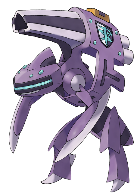 arm_blade blue_eyes cannon commentary english_commentary fakemon full_body genesect hyshirey leaning_forward mega_pokemon official_style pokemon pokemon_(creature) pokemon_(game) pokemon_bw purple_theme standing team_plasma teeth transparent_background weapon