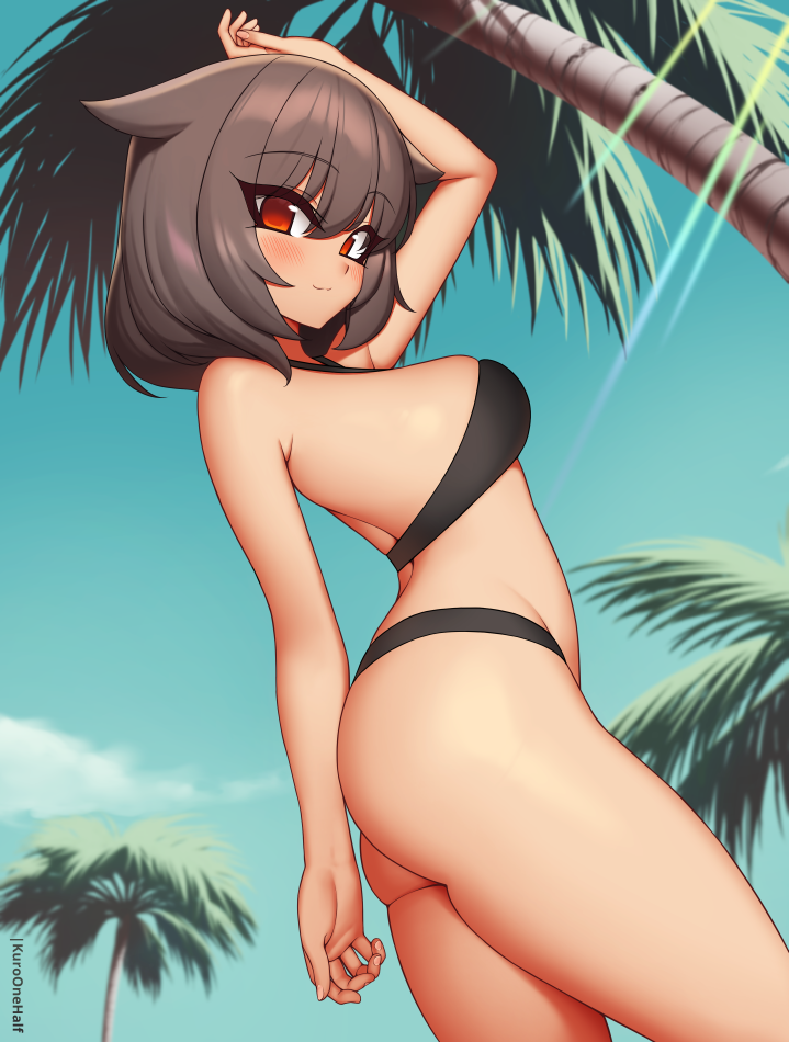 1girl arm_up artist_name ass bangs bare_arms bare_shoulders bikini black_bikini blue_sky blush borrowed_character breasts brown_eyes brown_hair commentary commission day english_commentary eyebrows_visible_through_hair eyes_visible_through_hair hair_between_eyes kuroonehalf light_rays looking_at_viewer medium_breasts original outdoors palm_tree sky smile solo swimsuit thighs tree