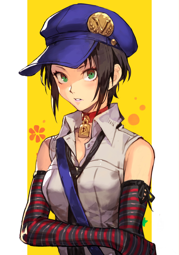 1girl black_hair black_necktie blue_headwear cabbie_hat choker elbow_gloves gloves green_eyes hankuri hat lock looking_at_viewer loose_necktie marie_(persona_4) necktie persona persona_4 red_choker shirt short_hair sleeveless sleeveless_shirt solo striped striped_gloves upper_body white_shirt yellow_background