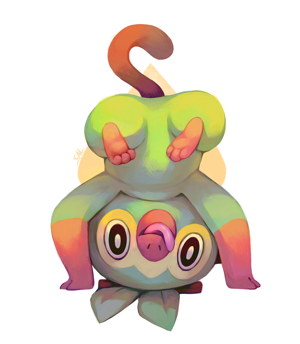 black_eyes commentary creature full_body grookey looking_at_viewer monkey no_humans pokemon pokemon_(creature) salanchu simple_background solo tongue tongue_out white_background